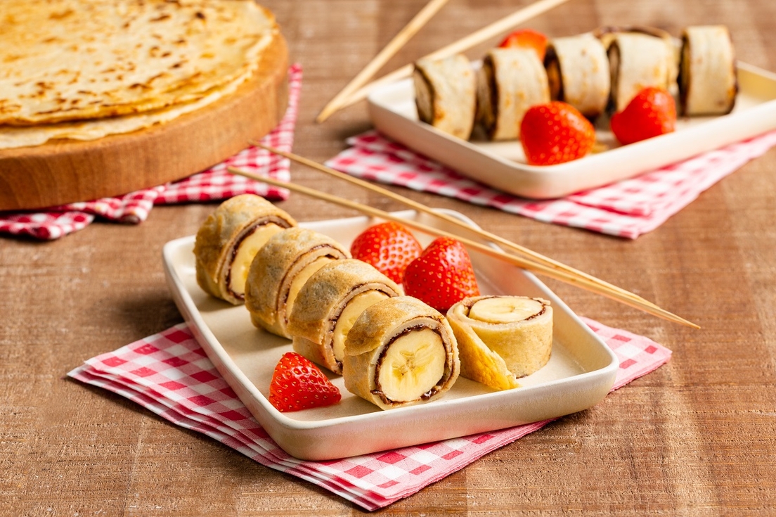 Pannenkoeken sushi met banaan en Nutella®